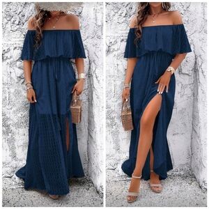 NEW Flowy Sheer Lace Off Shoulder Split Maxi Dress Navy Blue